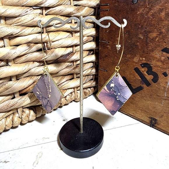 Handmade Jewelry - Handmade Abstract Wood Statement Earrings OOAK Taupe Brown Gold Metallic Dangles